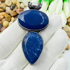 Handmade Faceted Kashmiri Blue Sapphire Sterling Silver Pendant, Vintage Style Jewelry.