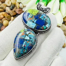 Handmade Multi Copper Turquoise Sterling Silver Pendant, Vintage Style Jewelry.