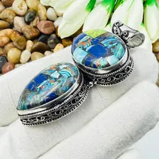 Handmade Multi Copper Turquoise Sterling Silver Pendant, Vintage Style Jewelry.