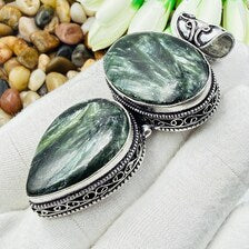 Handmade Seraphinite Sterling Silver Pendant, Vintage Style Jewelry.