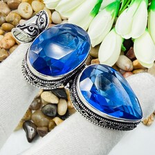 Handmade Faceted Blue Sapphire Sterling Silver Pendant, Vintage Style Jewelry.