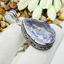 Faceted Swiss Blue Topaz Sterling Silver Pendant, Vintage Style Jewelry (33mm x 23mm)