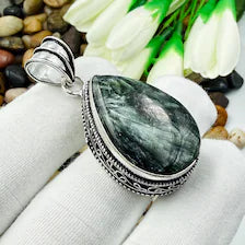 Seraphinite Sterling Silver Pendant, Vintage Style Jewelry.