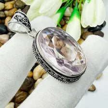 Handmade Faceted Rose Quartz Sterling Silver Pendant, Vintage Style Jewelry.