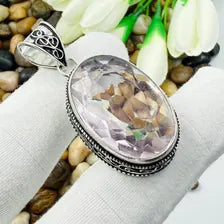 Handmade Faceted Rose Quartz Sterling Silver Pendant, Vintage Style Jewelry.