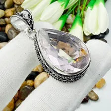 Handmade Faceted Rose Quartz Sterling Silver Pendant, Vintage Style Jewelry.