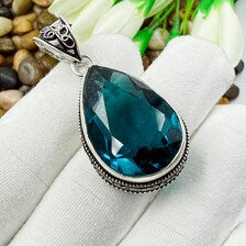 Handmade Faceted Indicolite Sterling Silver Pendant, Vintage Style Jewelry.