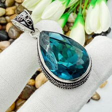 Handmade Faceted Indicolite Sterling Silver Pendant, Vintage Style Jewelry.