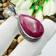 Handmade Faceted Kashmiri Ruby Sterling Silver Pendant, Vintage Style Jewelry.