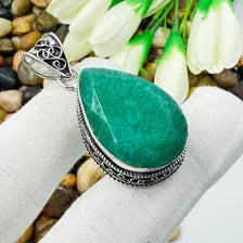 Handmade Emerald Sterling Silver Pendant, Vintage Style Jewelry.