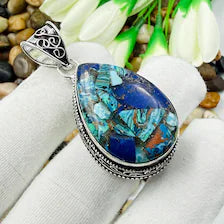 Handmade Multi Copper Turquoise Sterling Silver Pendant, Vintage Style Jewelry.