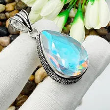Handmade Faceted Mystic Fire Topaz Sterling Silver Pendant, Vintage Style Jewelry.