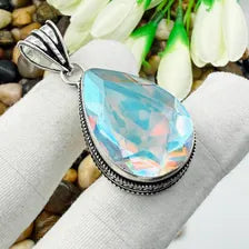 Handmade Faceted Mystic Fire Topaz Sterling Silver Pendant, Vintage Style Jewelry.