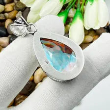 Handmade Faceted Mystic Fire Topaz Sterling Silver Pendant, Vintage Style Jewelry.