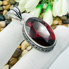 Handmade Faceted Garnet Sterling Silver Pendant, Vintage Style Jewelry.