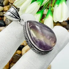 Handmade Multi Fluorite Sterling Silver Pendant, Vintage Style Jewelry.