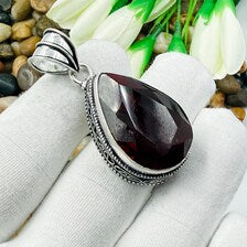 Handmade Faceted Garnet Sterling Silver Pendant, Vintage Style Jewelry.