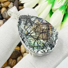 Faceted Black Rutile Quartz Sterling 925 Silver Pendant, Gift For Your Loved Ones.