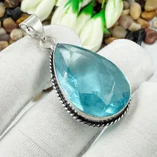 Faceted Swiss Blue Topaz Sterling 925 Silver Pendant, Gift For Your Loved Ones.