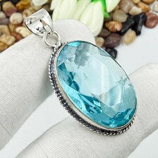 Faceted Swiss Blue Topaz Sterling 925 Silver Pendant, Gift For Your Loved Ones.