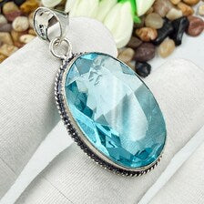 Faceted Swiss Blue Topaz Sterling 925 Silver Pendant, Gift For Your Loved Ones.