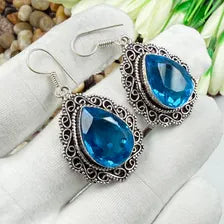 Handmade Faceted Swiss Blue Topaz Earrings Sterling 925 Silver Gemstone Jewelry