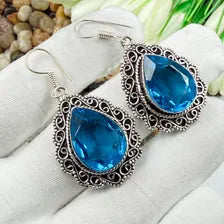 Handmade Faceted Swiss Blue Topaz Earrings Sterling 925 Silver Gemstone Jewelry