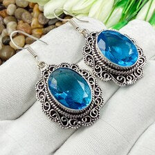 Handmade Faceted Swiss Blue Topaz Earrings Sterling 925 Silver Gemstone Jewelry