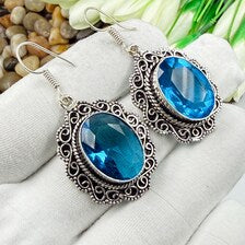 Handmade Faceted Swiss Blue Topaz Earrings Sterling 925 Silver Gemstone Jewelry