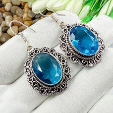 Handmade Faceted Swiss Blue Topaz Earrings Sterling 925 Silver Gemstone Jewelry