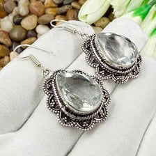 Handmade Faceted Clear Quartz Earrings Sterling 925 Silver Gemstone Jewelry