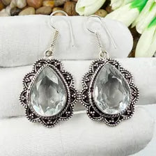 Handmade Faceted Clear Quartz Earrings Sterling 925 Silver Gemstone Jewelry