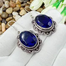 Handmade Faceted Blue Sapphire Earrings Sterling 925 Silver Gemstone Jewelry