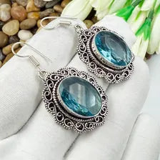 Handmade Faceted Swiss Blue Topaz Earrings Sterling 925 Silver Gemstone Jewelry