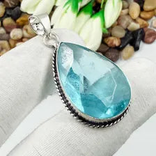 Faceted Swiss Blue Topaz Sterling 925 Silver Pendant, Gift For Your Loved Ones.