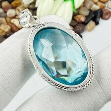 Faceted Swiss Blue Topaz Sterling 925 Silver Pendant, Gift For Your Loved Ones.