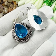 Handmade Faceted Swiss Blue Topaz Earrings Sterling 925 Silver Gemstone Jewelry