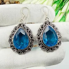 Handmade Faceted Swiss Blue Topaz Earrings Sterling 925 Silver Gemstone Jewelry