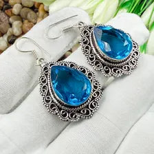 Handmade Faceted Swiss Blue Topaz Earrings Sterling 925 Silver Gemstone Jewelry