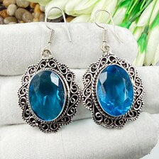 Handmade Faceted Swiss Blue Topaz Earrings Sterling 925 Silver Gemstone Jewelry