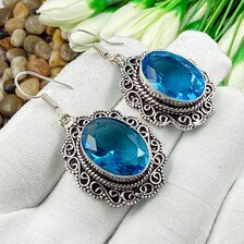 Handmade Faceted Swiss Blue Topaz Earrings Sterling 925 Silver Gemstone Jewelry