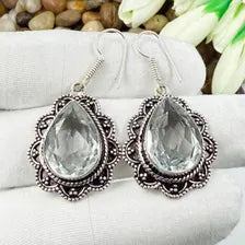 Handmade Faceted Clear Quartz Earrings Sterling 925 Silver Gemstone Jewelry