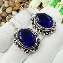 Handmade Faceted Blue Sapphire Earrings Sterling 925 Silver Gemstone Jewelry