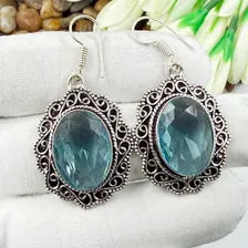 Handmade Faceted Swiss Blue Topaz Earrings Sterling 925 Silver Gemstone Jewelry