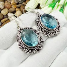 Handmade Faceted Swiss Blue Topaz Earrings Sterling 925 Silver Gemstone Jewelry