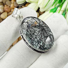 Faceted Black Rutile Quartz Sterling 925 Silver Pendant, Gift For Your Loved Ones.