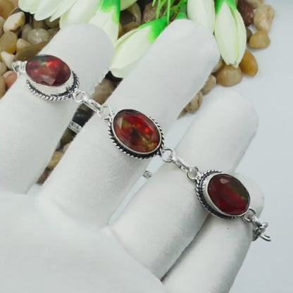 Handcrafted Faceted Ammolite Oval Bracelet: Sterling Silver 925 Adjustable Chain Gift For Her.