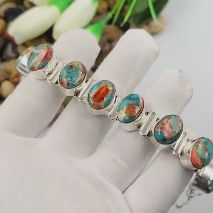 Handmade Spiny Oyster Copper Turquoise Bracelet | 925 Sterling Silver Adjustable Bracelet
