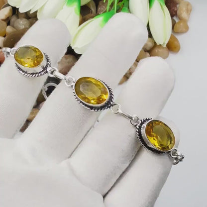Handmade Faceted Citrine Bracelet | 925 Sterling Silver Oval Adjustable Bracelet