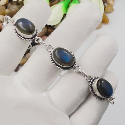Handmade Blue Labradorite Bracelet | 925 Sterling Silver Oval Adjustable Bracelet